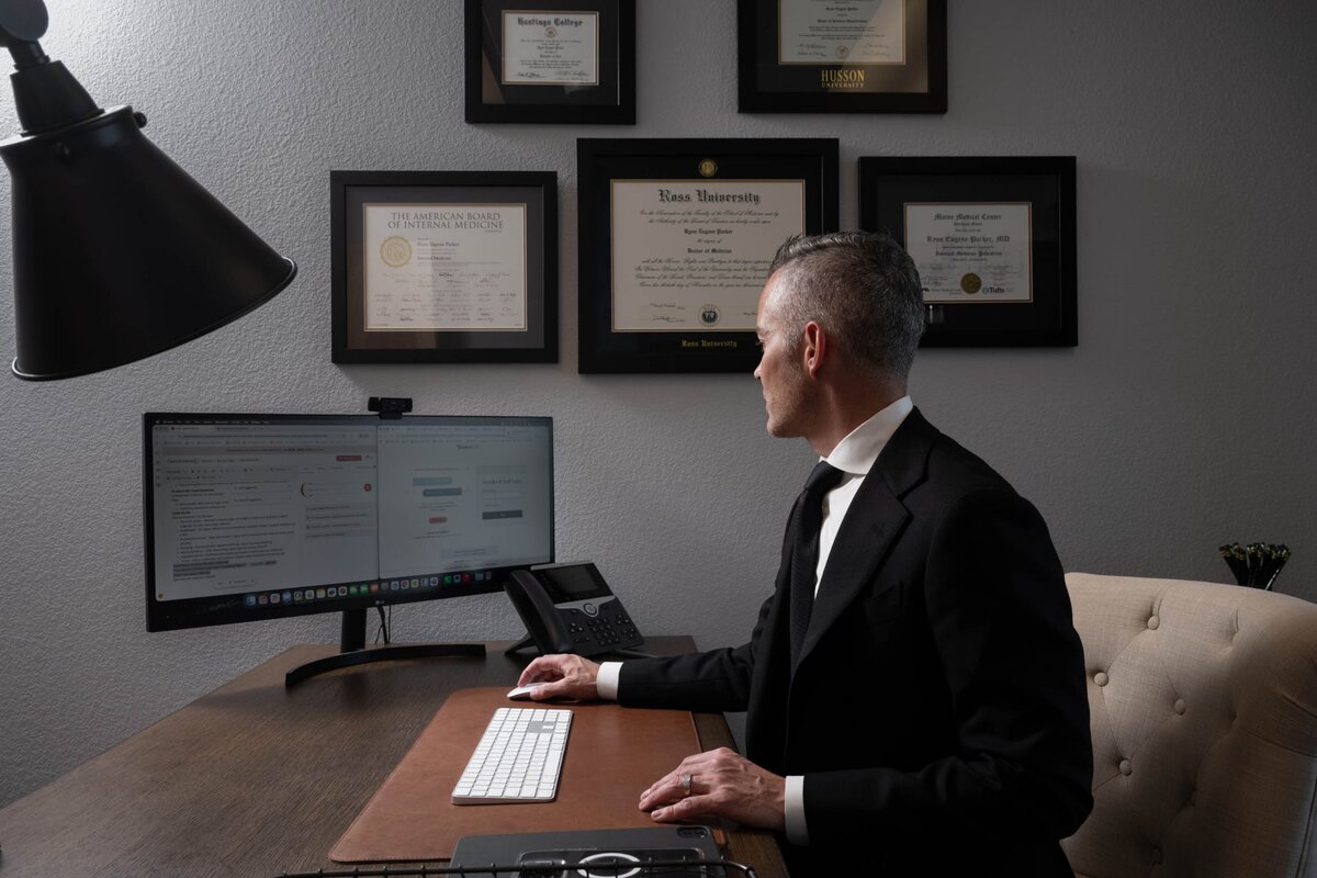Dr. Ryon Parker MD MBA coordinating patient care remotely from Parker Medical Las Vegas office